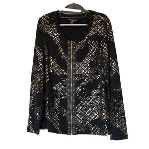 Frank Lyman Metallic Geometric Cardigan Jacket Gold Zipper Embellished Sz 16